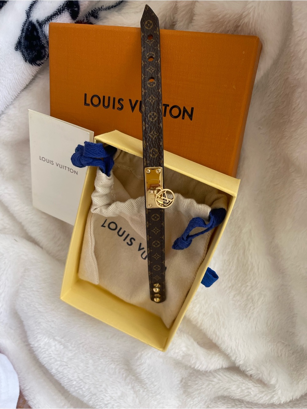 Louis Vuitton Brown Monogram Slim Bracelet with Gold LV Charm